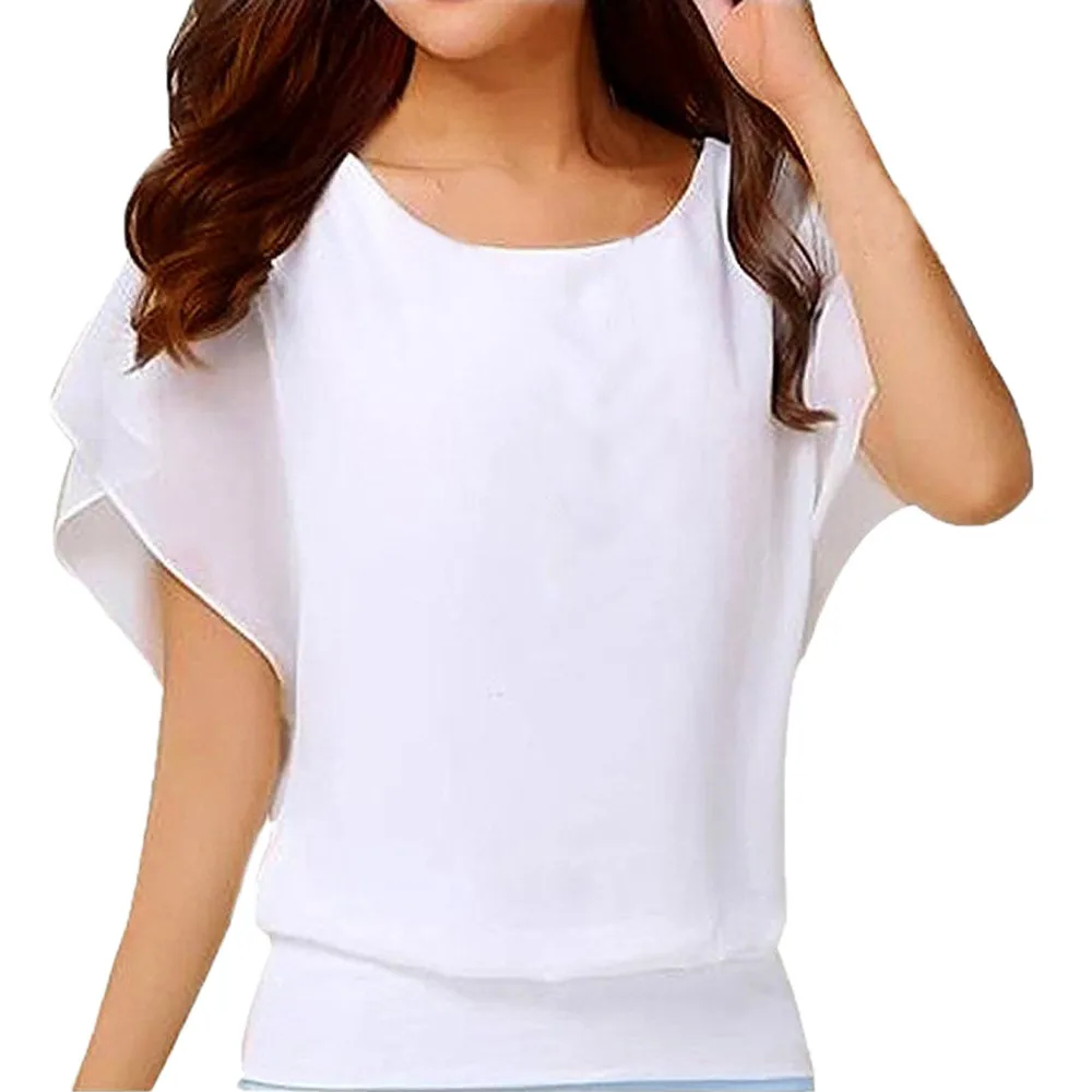 2S# женская Свободная Повседневная шифоновая блузка с коротким рукавом и рукавом летучая мышь, летняя блузка размера плюс, женская блузка с круглым вырезом