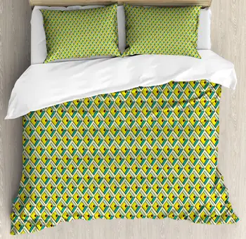 

Geometric Duvet Cover Set Rhombus Tribal Inspired 3 Piece Bedding Set Yellow Seafoam Cream
