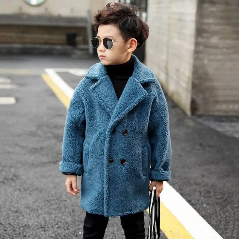 blue Коллекция года, зимняя куртка из искусственного меха для мальчиков детская плотная теплая одежда двубортное пальто Длинная Верхняя одежда с лацканами для мальчиков-подростков, B30 - Цвет: blue