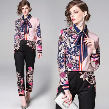 

2020 Women's Fashion Runway Pants Suit Sets High Quality Vintage Designer Floral Print Long Sleeve Tops + Pants Two Piece Sets