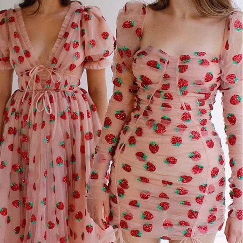 

Sexy V-Neck Belt Strawberry Embroidered Short-Sleeved Party Mid-Length Dress Net Yarn Spring And Summer New Women'S Clothing