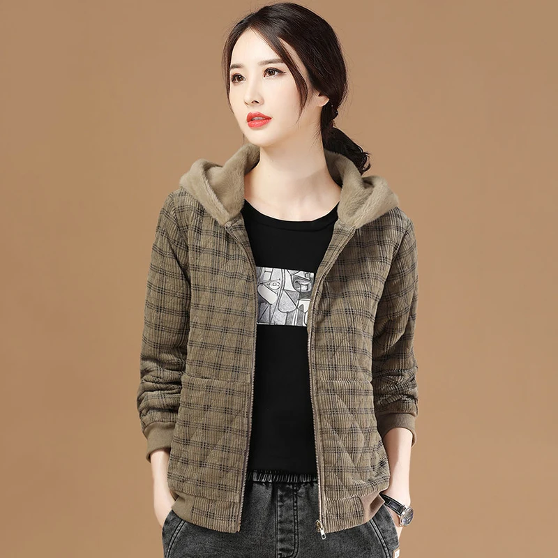 

Повседневное тонкое женское пальто из хлопка, искусственная куртка, новинка 2024, осенне-зимнее корейское пальто из плотной овечьей шерсти в клетку, женские топы