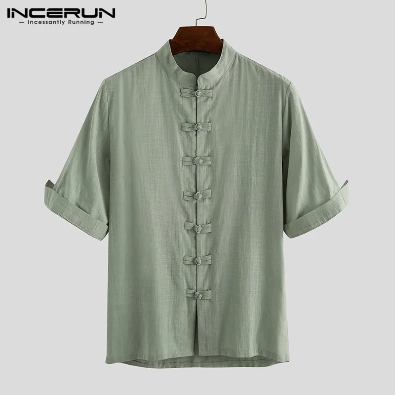 

INCERUN Vintage Shirt Men 2020 Half Sleeve Cotton Casual Solid Elegant Tang Suit Button Stand Collar Chinese Style Mens Shirts