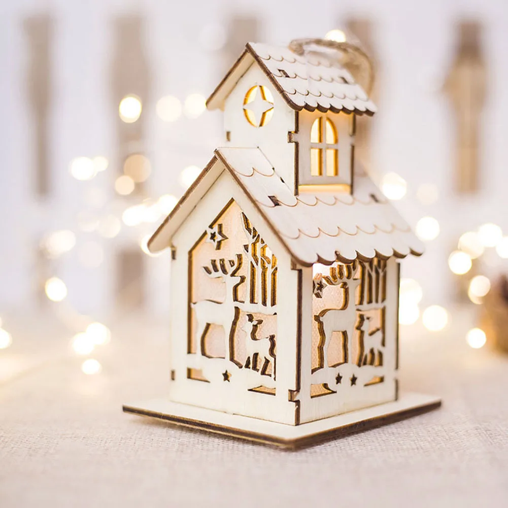 Деревянный Рождественский двухслойный дом Светодиодная лампа орнамент настольное украшение подарок висячие украшения рождественской елки