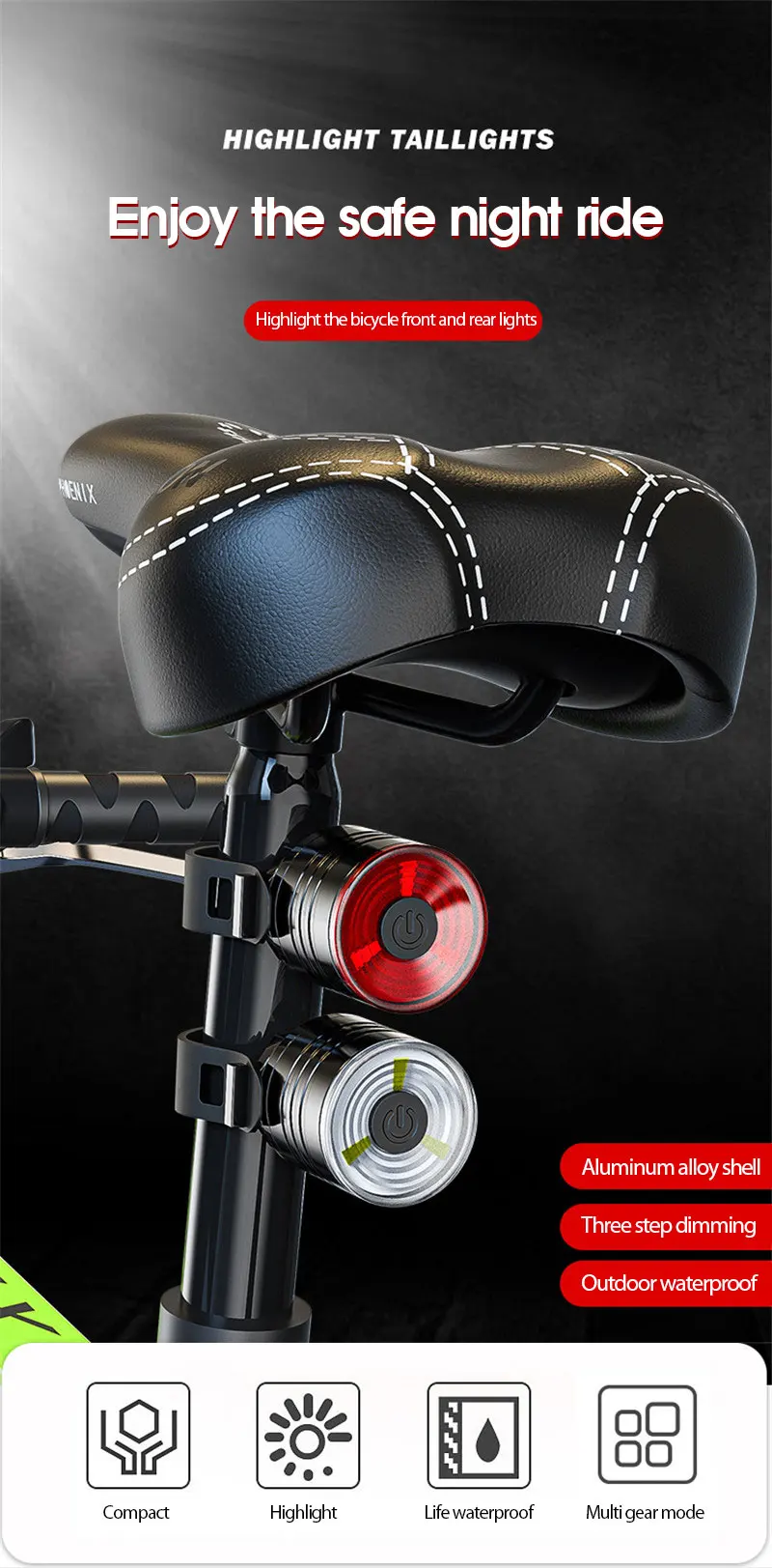 New Bike MTB Light Buttonbattery Chargeable Cycling Helmet Headlight Waterproof Bicycle Headlight Rear Taillight Lamp Flashlight