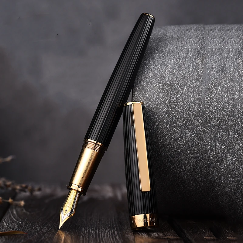 Hongdian 1845 Metal Black Fountain Pen Stainless Steel Ink Pen Beautiful Stripe EF/F Nib Office Business Writing Ink Gift Pen 517d hongdian matte black metal fountain pen titanium black ef f bent nib silver clip excellent writing gift for business office