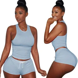 Adding Logo Women Summer Set Top And Pants Set Drawstring Short Set Skinny Solid Color Sweet Track Suit Top Pant Two Piece women's swim shorts Shorts