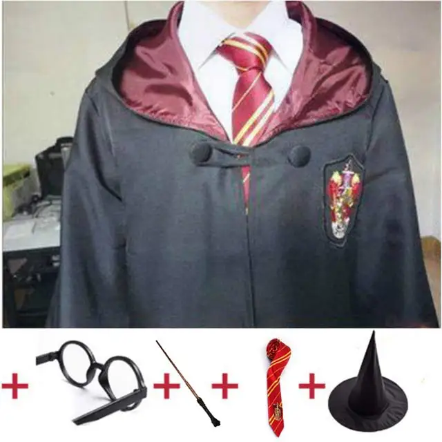 Robe Cape Cloak With Tie Scarf Wand Potter Glasses Ravenclaw Gryffindor Hufflepuff Slytherin Costume Adult Potter Cosplay - Цвет: Gryffindor full Set1