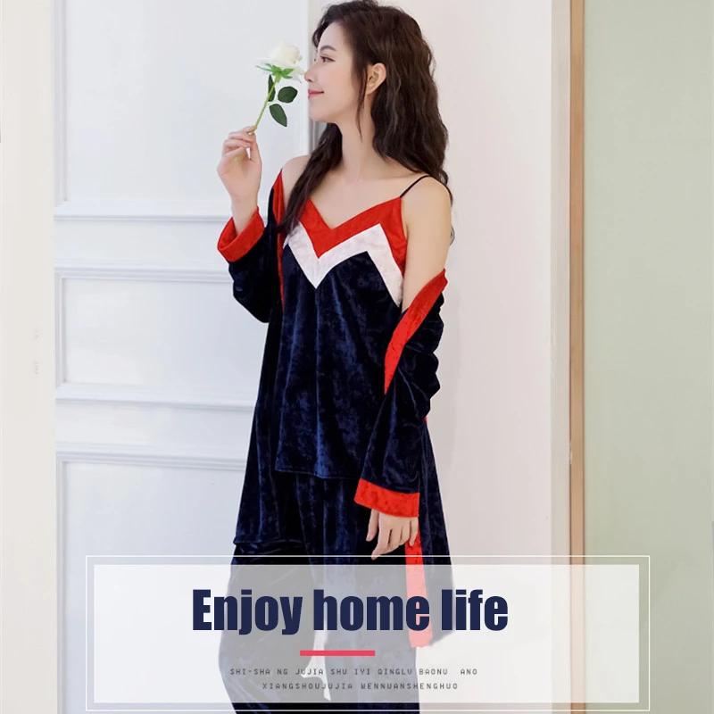 Women Sleepwear Pajamas Set 3 Pieces gold Velvet Warm Sexy Stripe Pajamas Winter Sleepwear Long Sleeve Long Pants home clothing