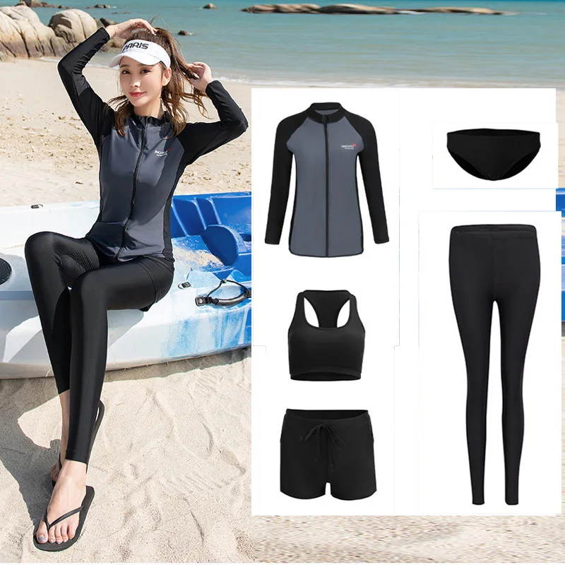 

Women's Long Sleeve Five Piece Swimsuit Athletic Rash Guard Zipper Shirt Pants Surfing Tankini Bathing Suit Tops and Bottoms