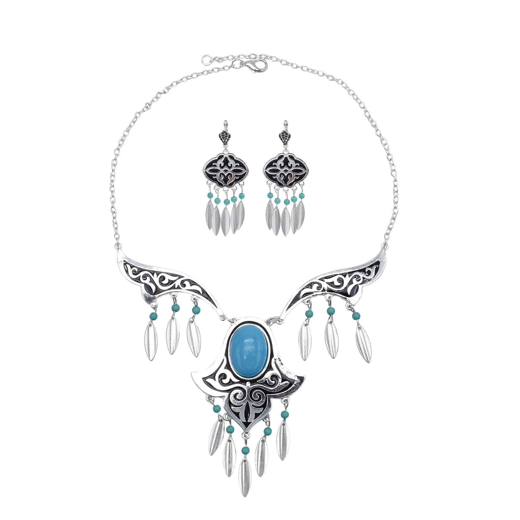 Jewelry Sets Jewelry Set Women Earrings Chain Necklace Bohemian Vintage Blue Acrylic Stone Beads Tassel Choker Necklace Earrings For Women India Gypsy Boho African Ethnic Jewelry Set