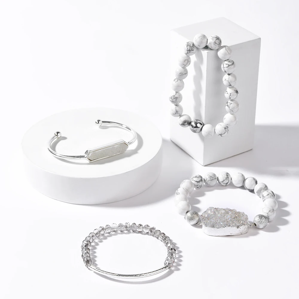 Natural Stone Bracelets Set For Women Chic Quartz Druzy White Howlte Agates Cut Crystal Bead Bracelet Open Cuff Bangles BCSET307