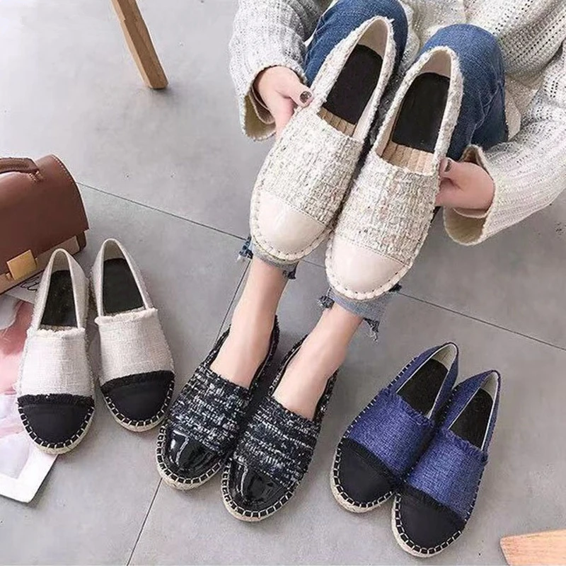 

Women Flat Shoes 2019 Spring Designers Casual Tweed Shoes Women Slip On Loafers Comfortable Canvas Hemp Fisherman Shoes