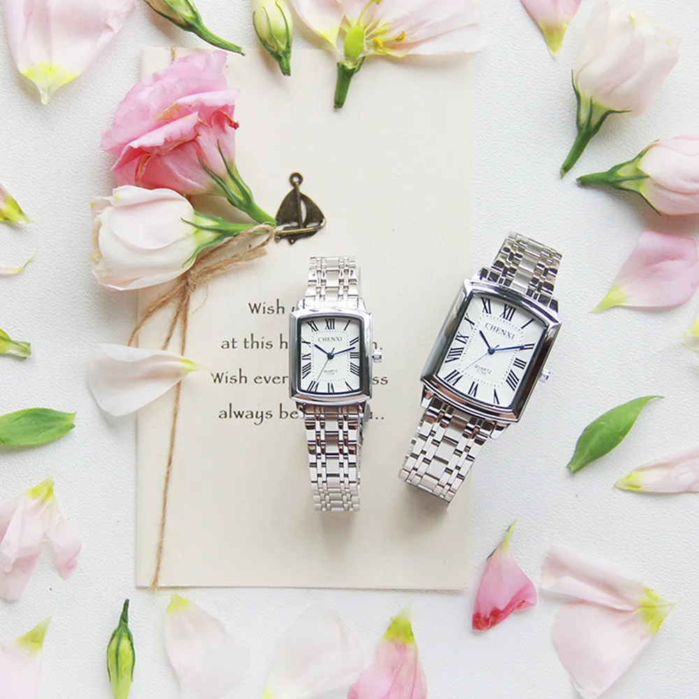 CHENXI Square Women Watch Roman Numeral Silver Stainless Steel Quartz Watches Men Lover's Lady Clock Retro Casual Couple