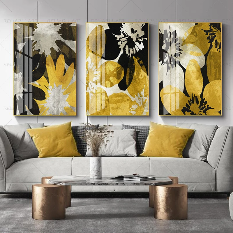 Abstract Yellow Leaf Wall Art Canvas Painting Yellow Wall Pictures Living Room Painting
