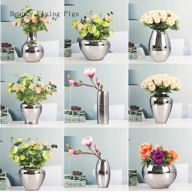 Home TV cabinet dining table living room decoration furnishings light luxury home soft workmanship art silver vase with flowers