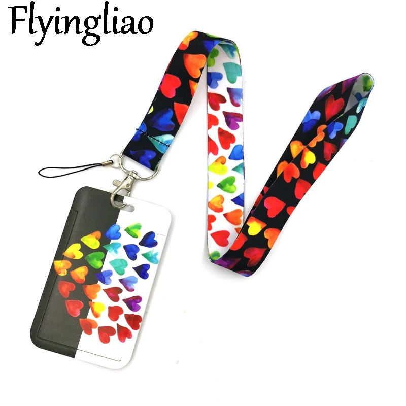 Colorful rainbow love hearts Lanyard Credit Card ID Holder Bag Student Women Travel Card Cover Badge Car Keychain Decorations