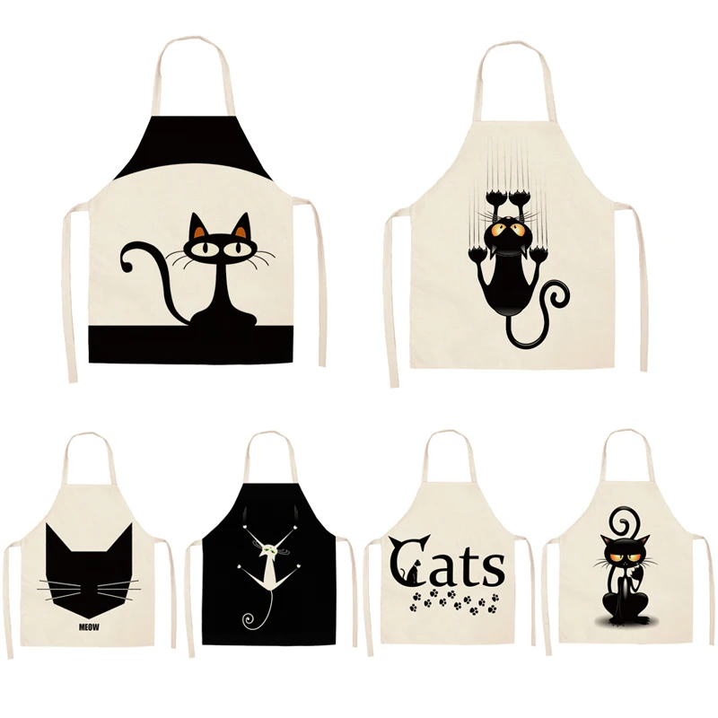 Parent-child Kitchen Apron Cartoon Funny Cat Printed Sleeveless Cotton Linen Aprons for Men Women Childrens Home Cleaning Tools