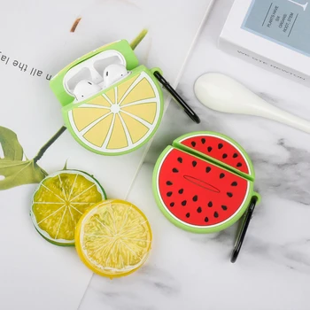 

Cute Cartoon Silicone Lemon Watermelon Earphone Protector Case For Airpods 1 2 Charging Box Soft Headphone Cover With Hook