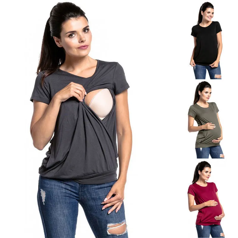 

2019 Hot Selling Europe And America New Style Crew Neck Short Sleeve Maternity Clothes Fashion Nursing T-shirt