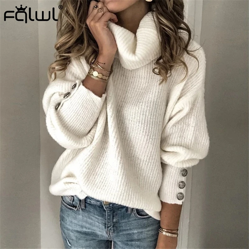 FQLWL водолазка большого размера вязаный свитер женский пуловер осень зима белый черный свитер женские джемперы повседневные женские топы