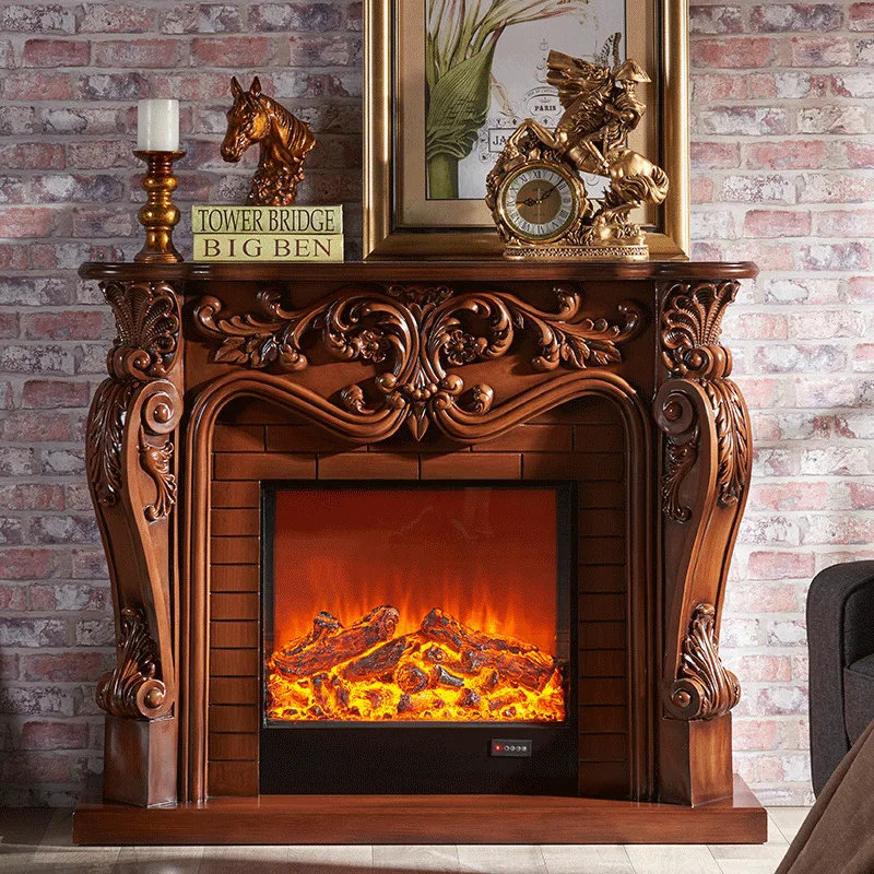 European Fireplace Set Carved Wood Mantel W120cm plus Electric Firebox Insert Living Room Decor LED Optical Flame Decoration