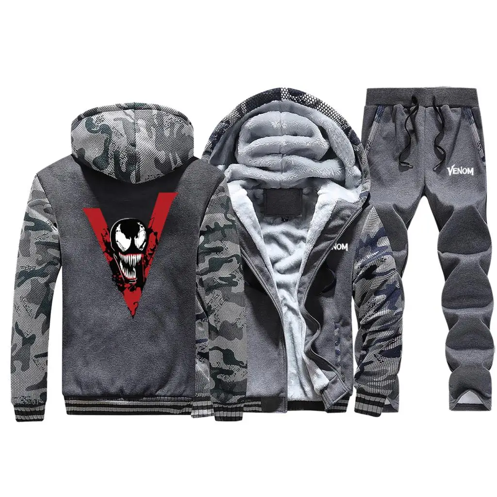 Venom утепленные толстовки для мужчин модный бренд толстовка+ брюки комплекты из 2 предметов супергерой камуфляжная куртка мужская зимняя Толстовка Теплый костюм пальто - Цвет: Dark Gray