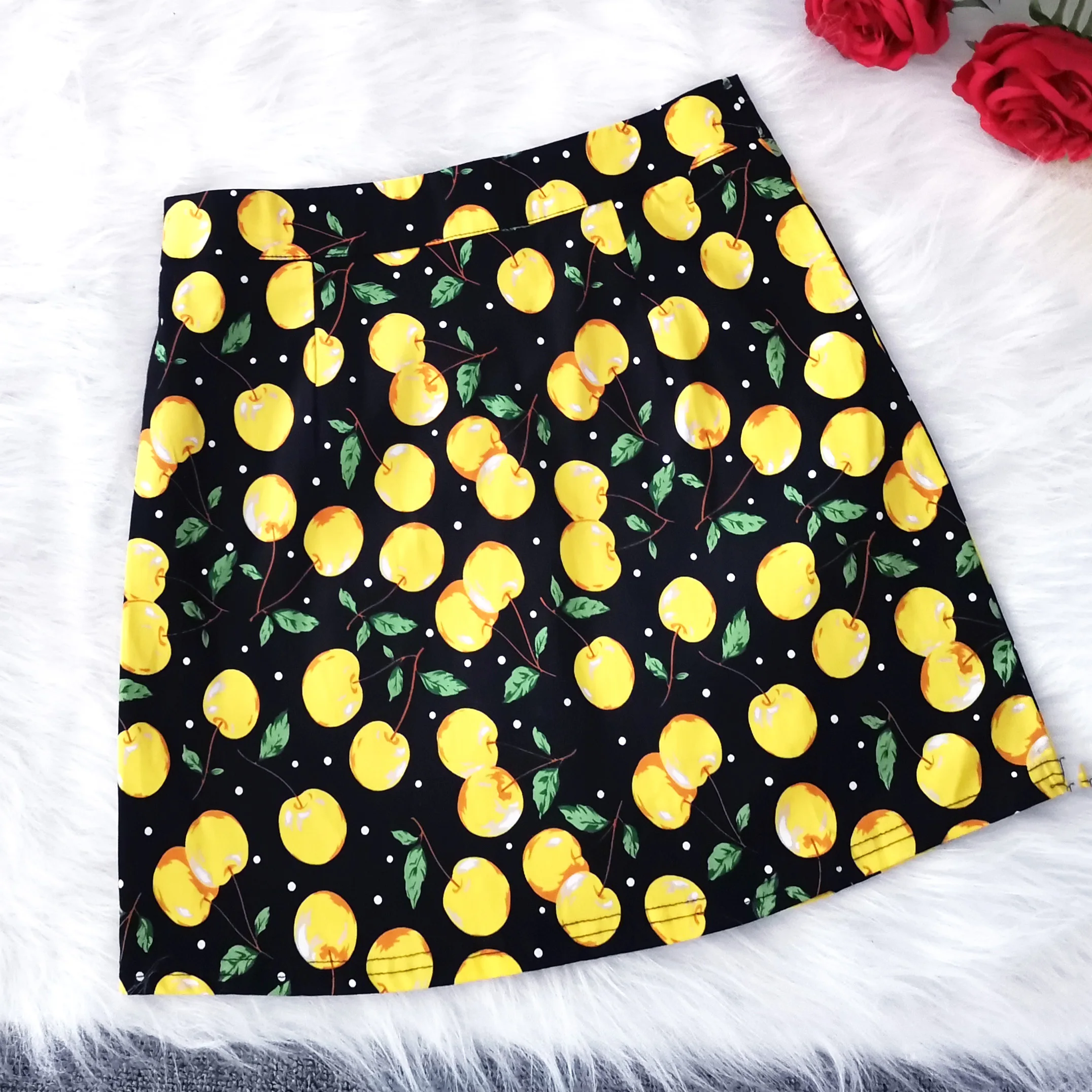 

2020 High Waist Mini Chic Skirt Floral Cherry Printed Yellow Black Boho Short Beach Skater Retro Vintage Party Korean Jurken