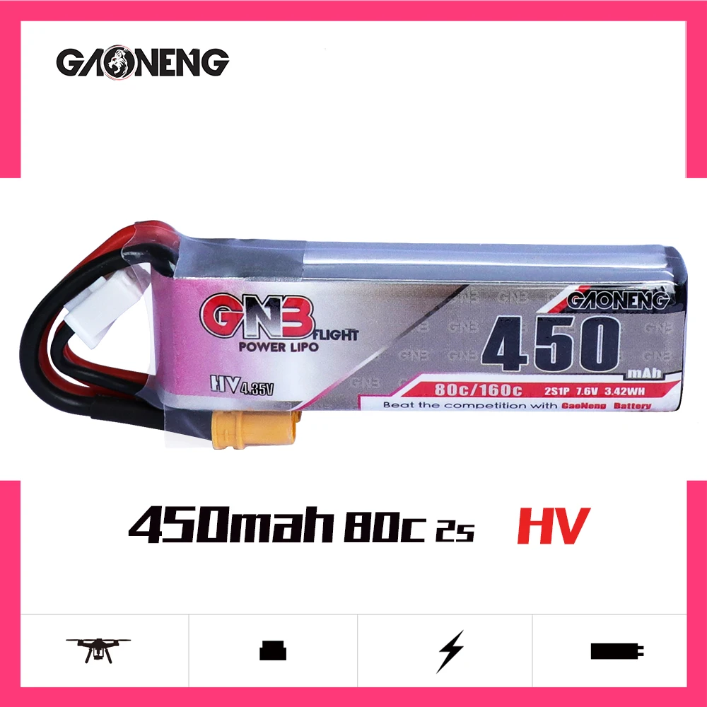 2 шт GaoNeng 450mAh 2S 7,6 V 80C/160C тонкий LiHV аккумулятор с разъемом XT30 для гоночного дрона iFlight CineBee Cine WOOP BetaFPV FPV