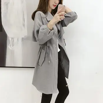 

Windbreaker 2020 Spring Autumn Plaid Trench Coat Female Long Loose Drawstring Coat Fashion Outwear Overcoat