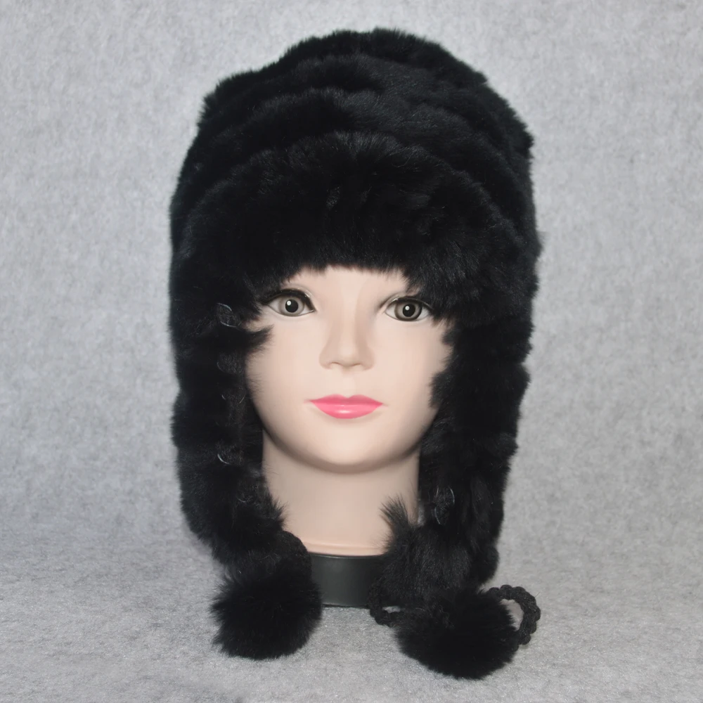 Casual Winter Real Fur Skullies Hat Women Knitted Genuine Rex Rabbit Fur Earmuff Cap Warm Soft Real Rex Rabbit Fur Beanies Hats