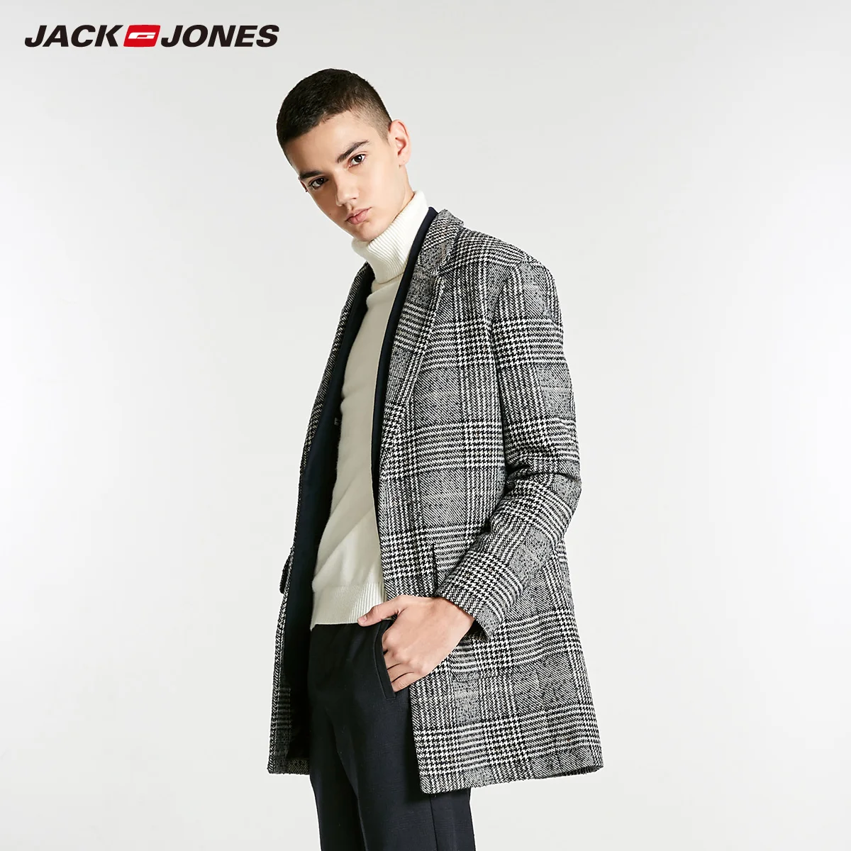 JackJones зимнее мужское шерстяное пальто средней длины в клетку с узором «гусиная лапка» | 218427517