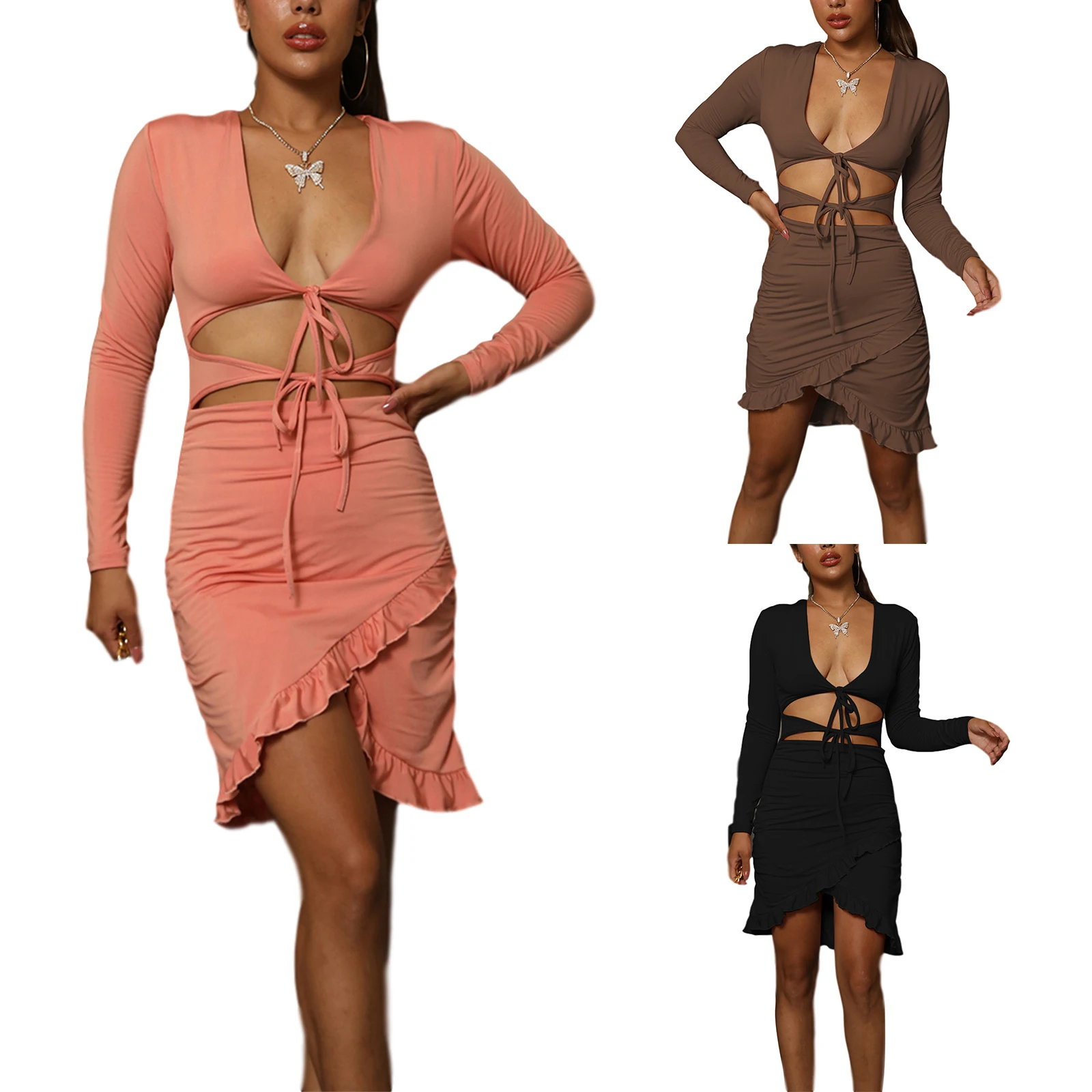 

PD Women Dress Ruffles Cut Out Design Dress Elegant V Neck Ruffle Party Mini Dresses Ladies Dresses Holiday Party Clothes