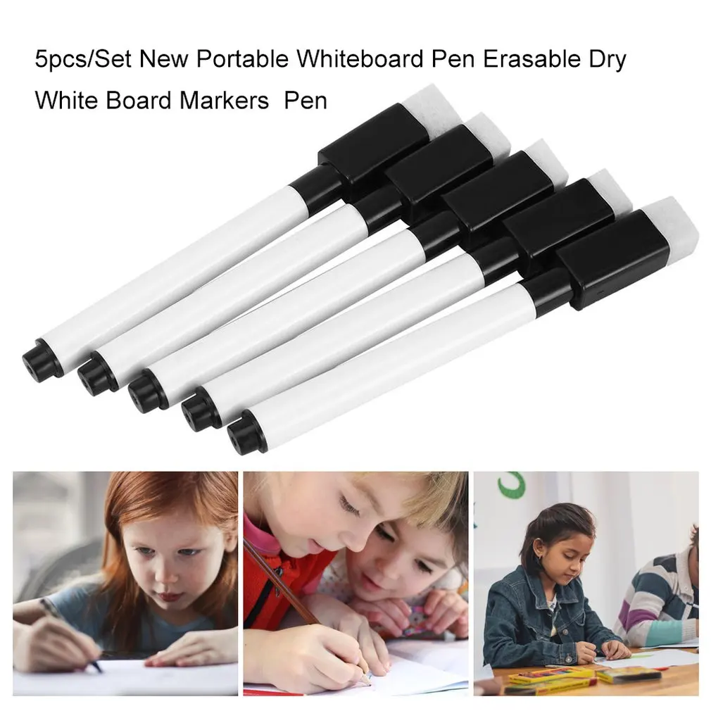 5 unids/set nuevo lápiz de pizarra blanca borrable seca marcadores de pizarra blanca borrador ambiental suministros escolares de oficina negro