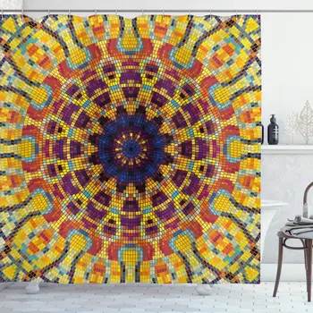 

Yellow Mandala Shower Curtain Geometric Mosaic Form Colorful Tile Curvy and Flower Ornament Print Bathroom Decor Set with Hooks