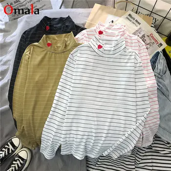 

2020 spring autumn Women Harajuku Heart Embroidery t shirt korean Turtleneck stripe slim T Shirt Femme Kawaii white Top And Tees