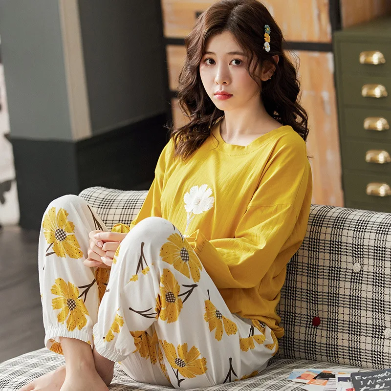 

New Autumn Cotton Pajamas Set Women Sweet Cartoon Ruffles Long-Sleeve T-shirt+ Long Pants Two-piece Suit Fashion Home Clothing