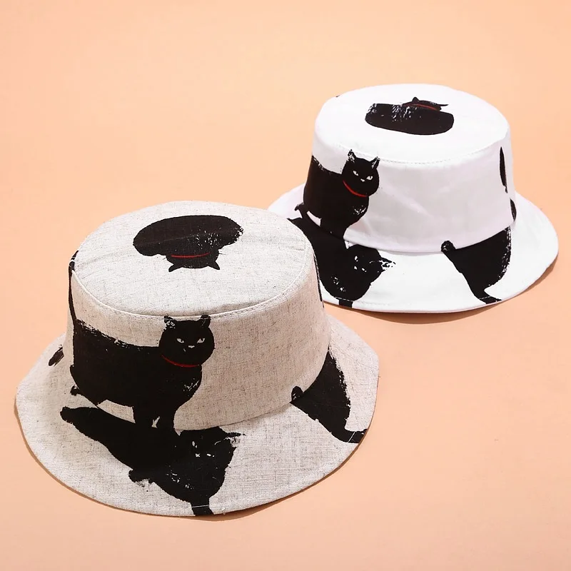 かわいい猫パターンバケットハット女性夏漁師釣り帽子折りたたみ屋外ストリートトレンドヒップホップの帽子フラットトップサンシェードキャップ Women S Bucket Hats Aliexpress