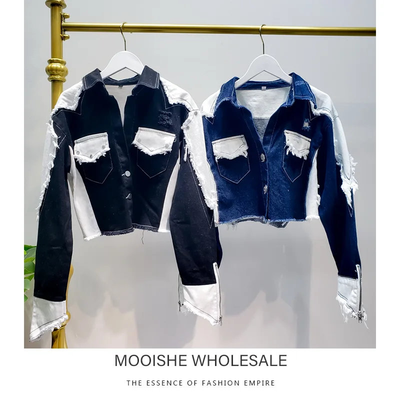 

High Street Lapel Rivets Long Sleeve Raw Edge Multicolor Pocket Five-pointed Star Print Short Short Old Fashion Denim Jacket