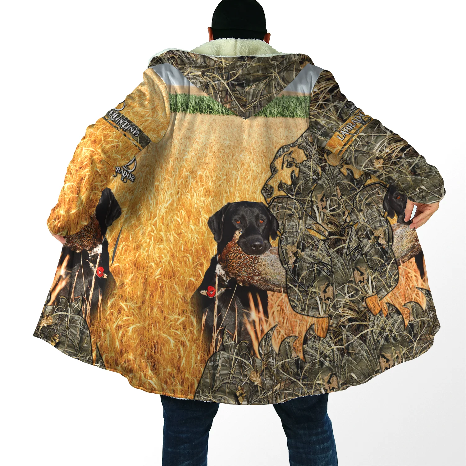 2021 Winter Fashion Mens cloak Labrador/Pheasant  Hunting 3D Printing Thick Fleece Hood cloak Unisex Casual Warm Cape coat DP10