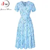 2021 Summer Elegant Short Sleeve Chiffon Dress Women Floral Printing Vintage A-Line Bohemian Beach Midi Sundress Plus Size 1