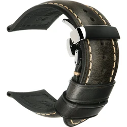 Premium Genuine Leather Watch Band with Butterfly Buckle - 18mm Calfskin Strap Bracelet for 21mm (Light Black)