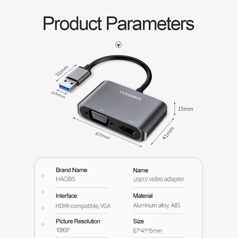 Hagibis USB 3.0 to HDMI-compatible VGA Adapter 1080P Multi-Display 2in1 USB to HDMI-compatible Converter for Windows 7/8/10 OS hdmi to vga adapter