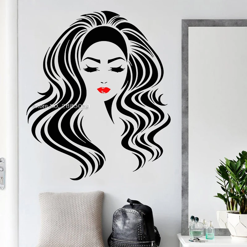 Длинные волосы девушка Наклейка на стену салон красоты красные губы женщина