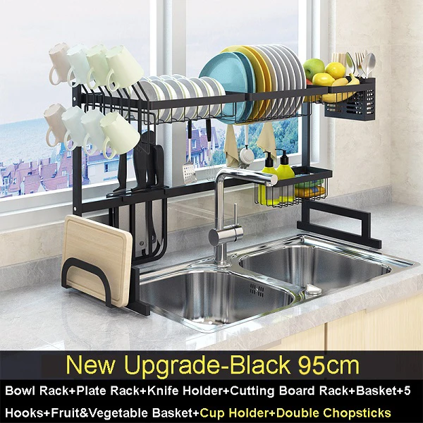 Обновленная черная подставка для посуды из нержавеющей стали над раковиной сушилка для посуды держатель для чашки кухонный Органайзер - Цвет: 95cm