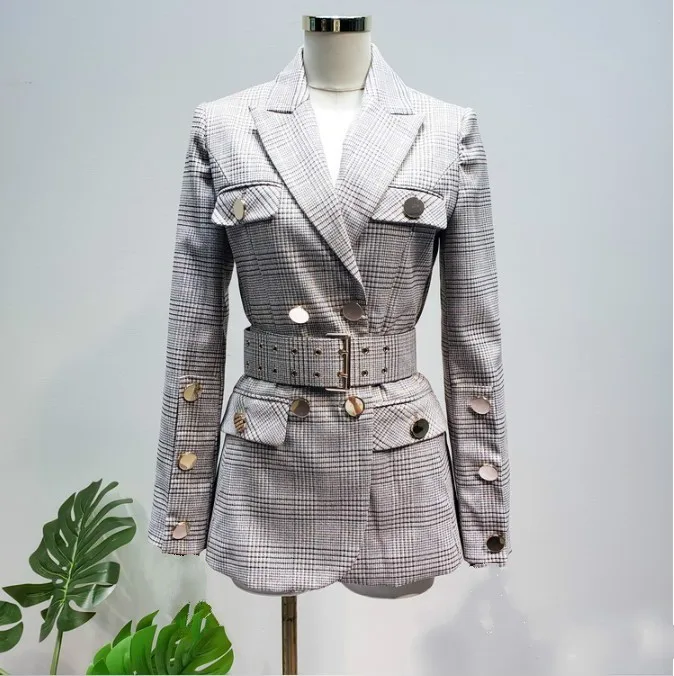 

Korean New Spring and Autumn Women Retro Gold Thread Stripe Decorative Grid Slim Waist Suit Blazer Coat Female Jackets
