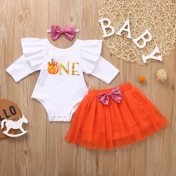 

Baby Girls Halloween Bodysuit Outfits Autumn Costume Party Cartoon Pumpkin Romper+Tulle Skirt+Headband Suit Kids Girl Clothes