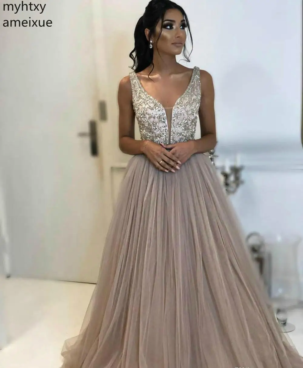 

New A Line Long Sexy Evening Dresses 2019 Deep V Neck Tulle Formal Women Wear Party Gowns Plus Size Custom Made Robe De Soiree