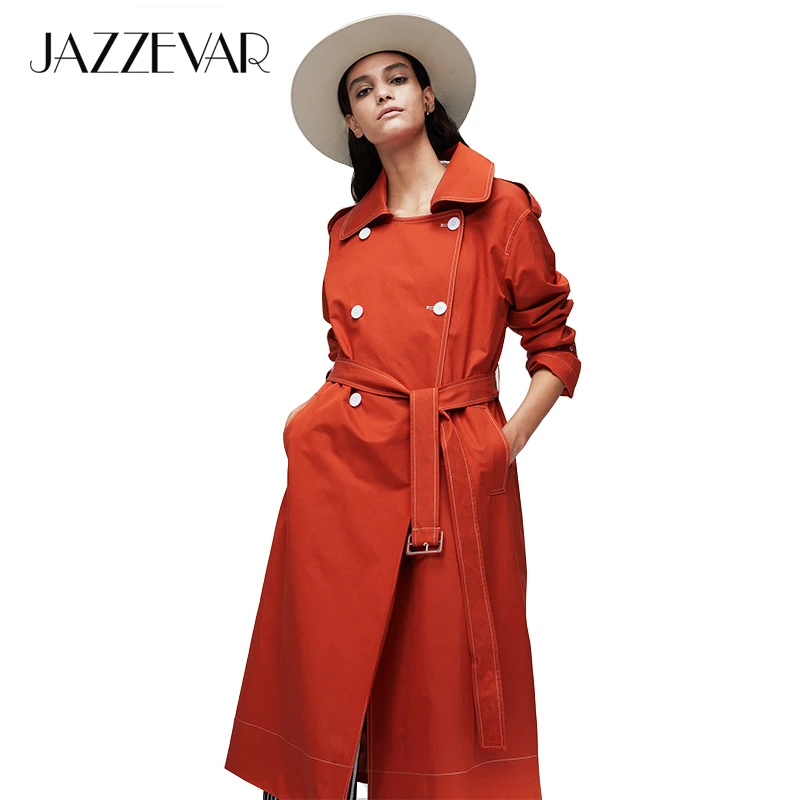 Kopen JAZZEVAR2019 Nieuwe collectie herfst trenchcoat vrouwen top rode kleur katoen double breasted lange mode stijl met hoge kwaliteit 9020