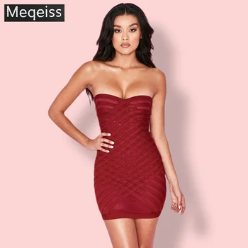 

2019 New Summer Women Dress Strapless Mesh Bandage Dress Sexy Elegant Celebrity Party Wine Red Dresses Club banquet Vestidos